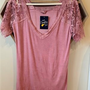 POL Pink Lace V-Neck Short Sleeve Top